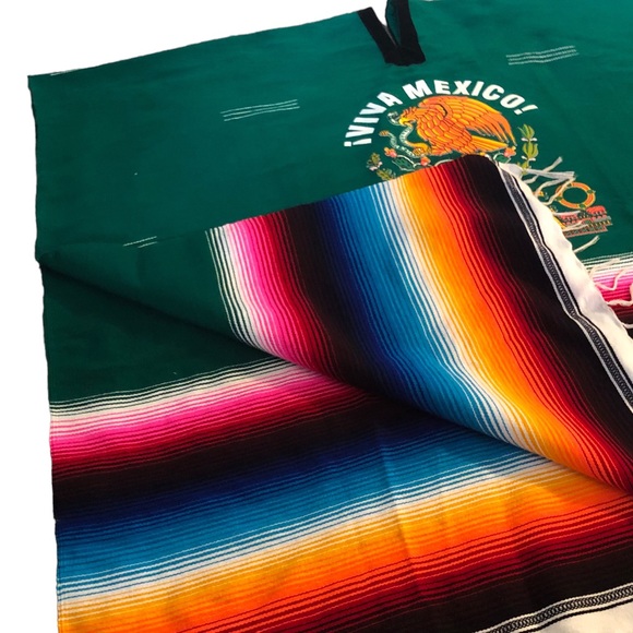 Mexican Serape Woven Fringe Poncho with VIVA Mexico Logo Motif One Size Unisex - Picture 11 of 12